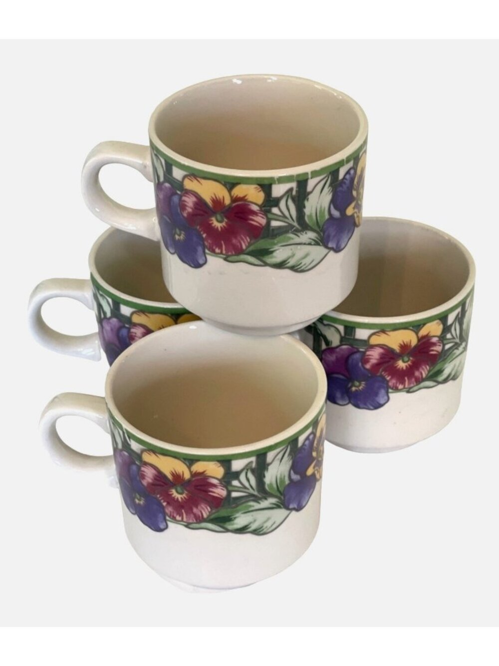 Vintage Gibdon Pansy Floral Mug Set Ceramic Coffee Cups Retro 90s Garden Table
